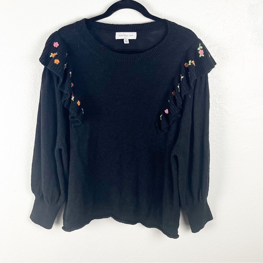 SOMETHING NAVY Black Speckled Ruffle Embroidered Long Balloon Sleeves Sweater XL